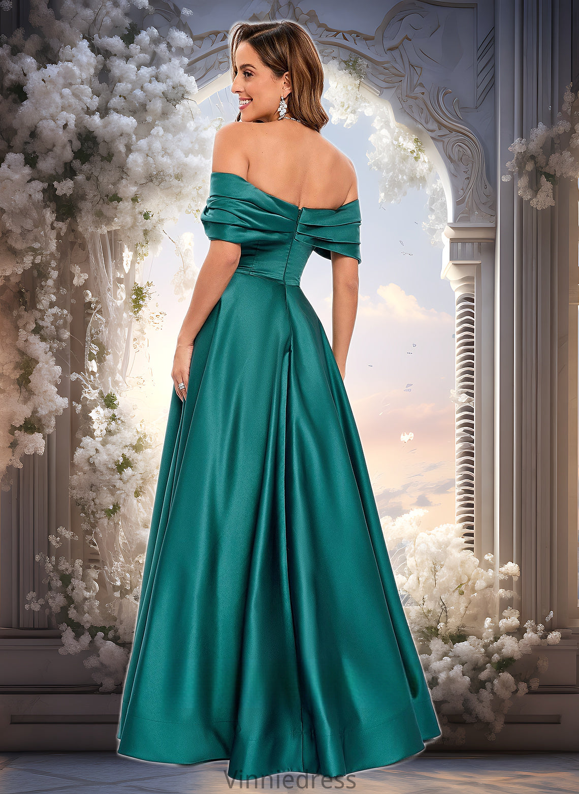 Alexandra A-line Off the Shoulder Floor-Length Satin Prom Dresses With Pleated PP6P0025851