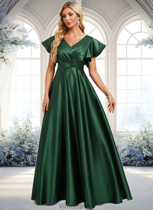 Jaelynn A-line V-Neck Floor-Length Satin Bridesmaid Dress With Ruffle PP6P0025777