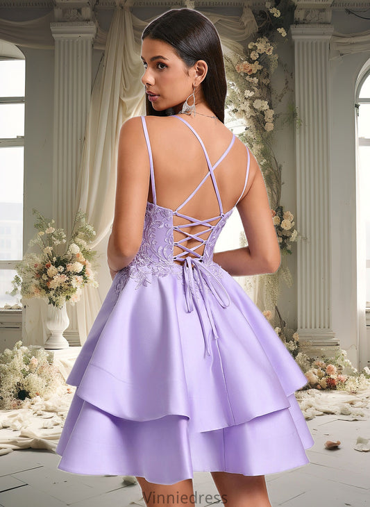 Kendall A-line V-Neck Short Satin Homecoming Dress With Appliques Lace PP6P0025692