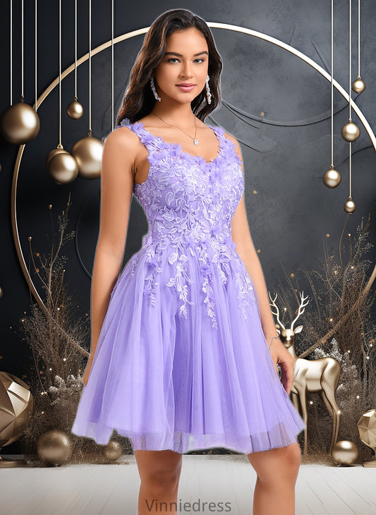 Kallie Ball-Gown/Princess V-Neck Short Lace Tulle Homecoming Dress With Flower PP6P0025656