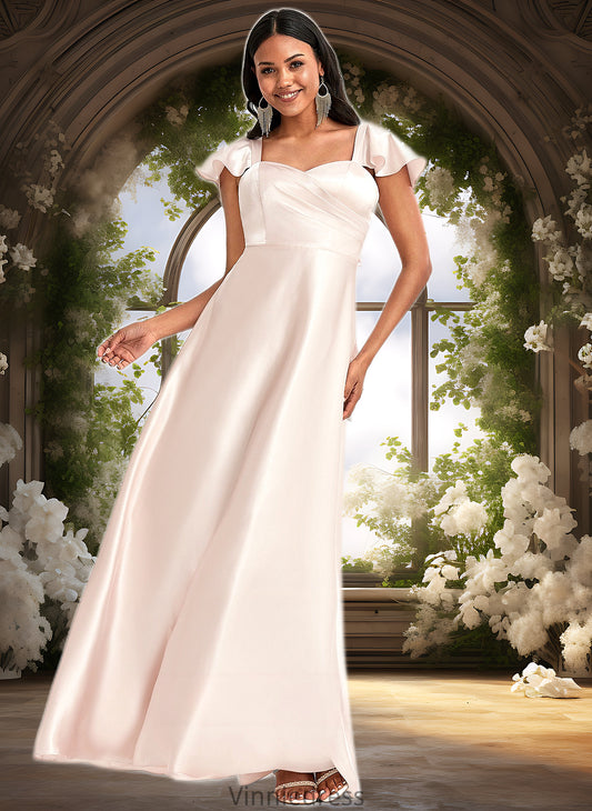 Sal A-line V-Neck Floor-Length Stretch Satin Bridesmaid Dress With Bow PP6P0025759