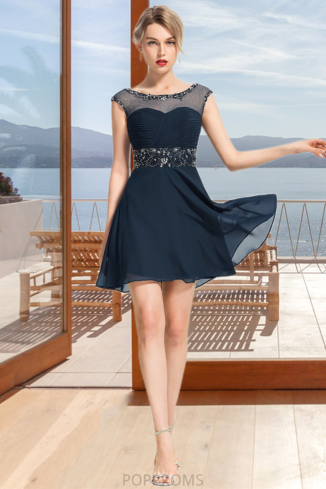 Kennedy A-line Scoop Short/Mini Chiffon Homecoming Dress With Beading Sequins PP6P0020586