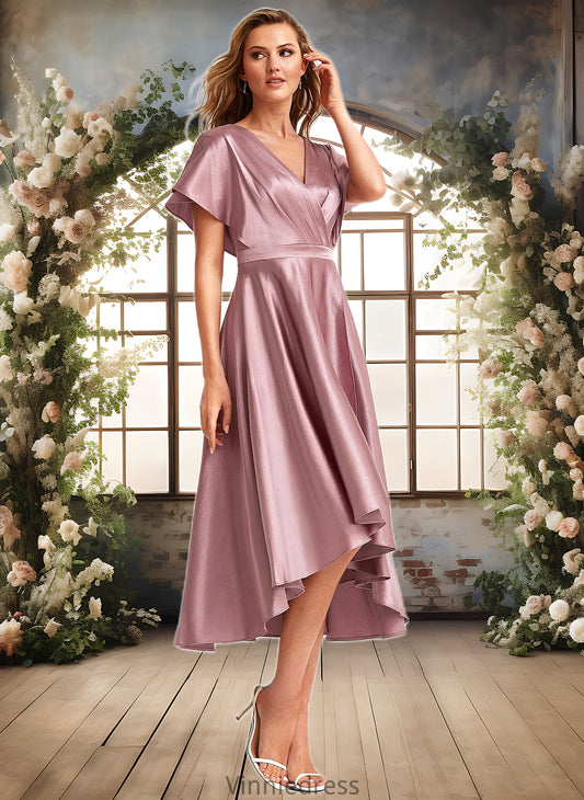 Kianna A-line V-Neck Asymmetrical Stretch Satin Bridesmaid Dress PP6P0025752