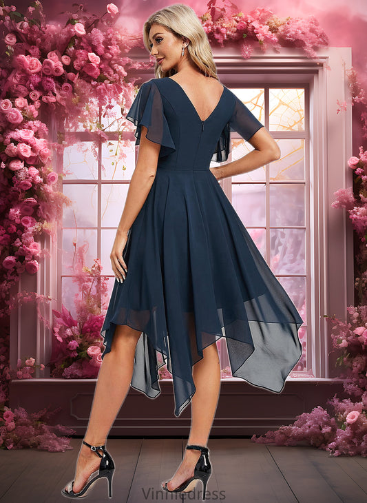 Lucinda A-line V-Neck Asymmetrical Chiffon Bridesmaid Dress With Ruffle PP6P0025804