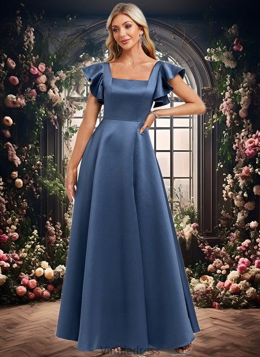 Nora A-line Square Floor-Length Satin Bridesmaid Dress With Ruffle PP6P0025774