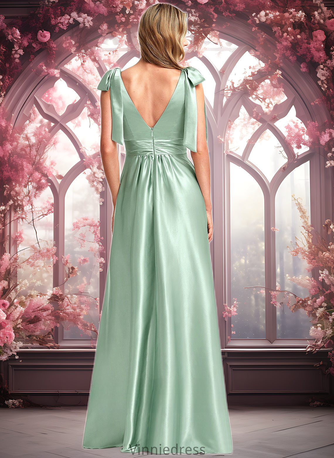 Ashleigh A-line V-Neck Floor-Length Stretch Satin Bridesmaid Dress With Bow PP6P0025737