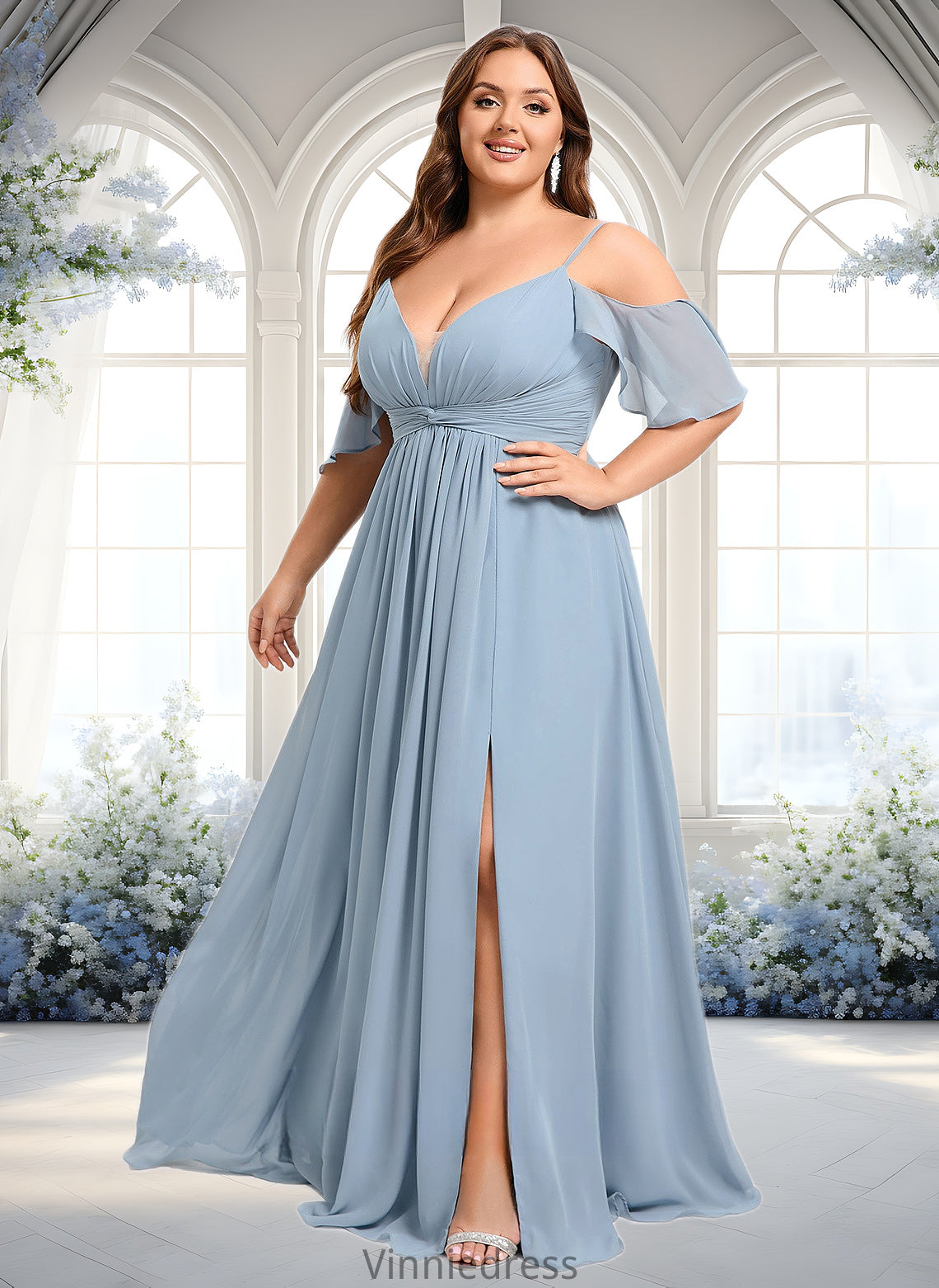 Dalia A-line Cold Shoulder Floor-Length Chiffon Bridesmaid Dress With Ruffle PP6P0025797