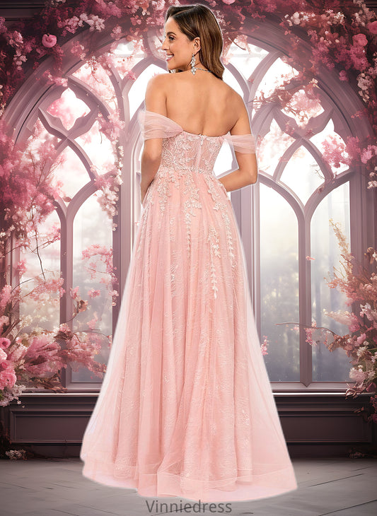 Yamilet A-line Sweetheart Off the Shoulder Floor-Length Tulle Floral Lace Prom Dresses With Appliques Lace PP6P0025870