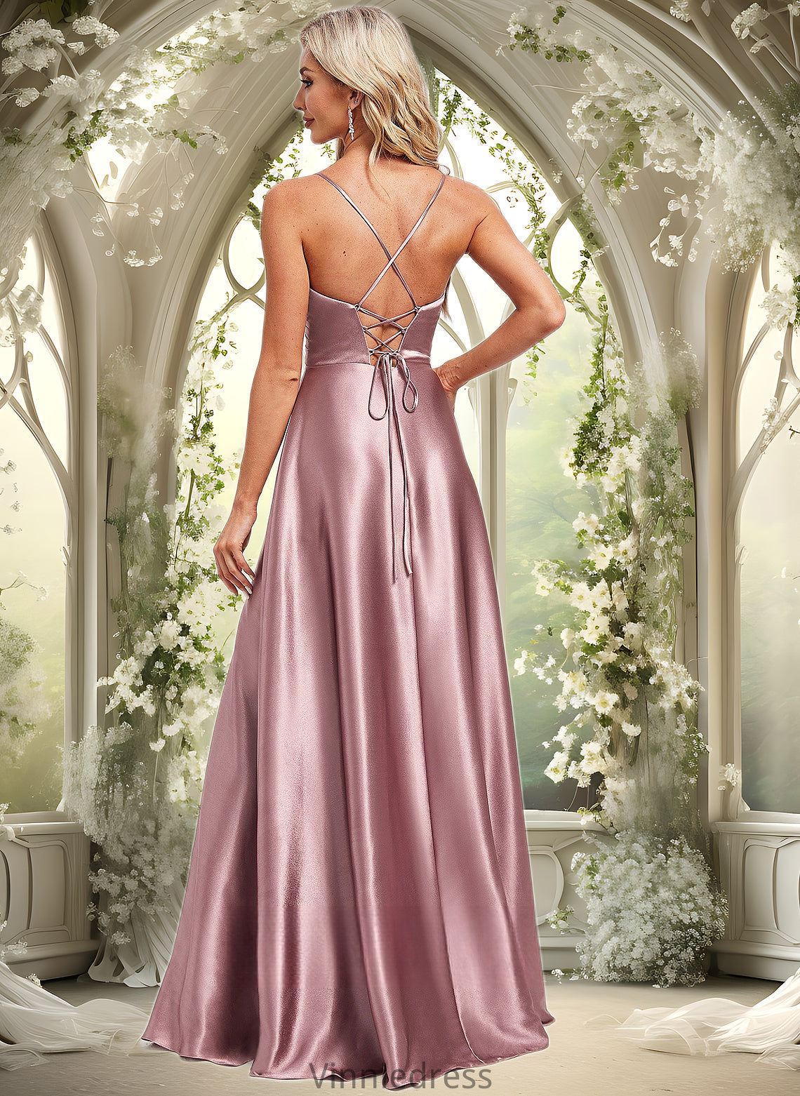 Lauryn A-line V-Neck Floor-Length Stretch Satin Bridesmaid Dress PP6P0025822