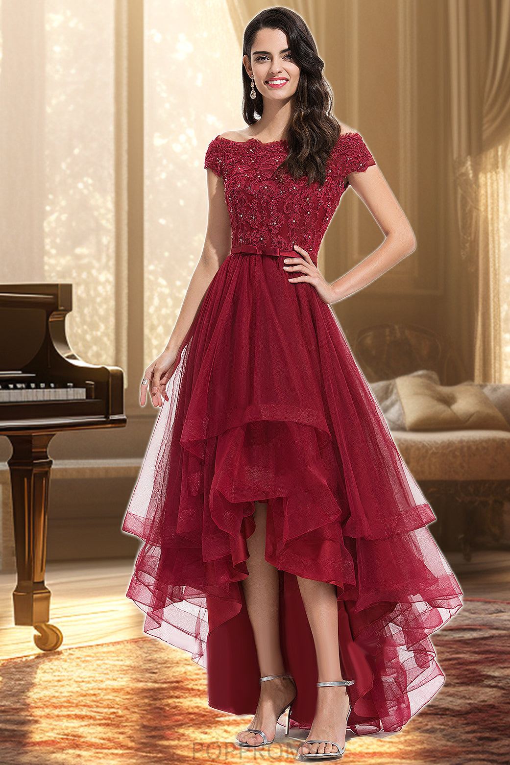 Jasmine A-line Off the Shoulder Asymmetrical Lace Tulle Homecoming Dress With Beading Bow Sequins PP6P0020535