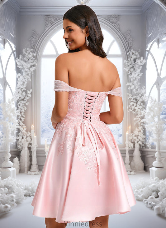 Nola A-line Off the Shoulder Short Satin Homecoming Dress With Rhinestone Beading Appliques Lace PP6P0025679