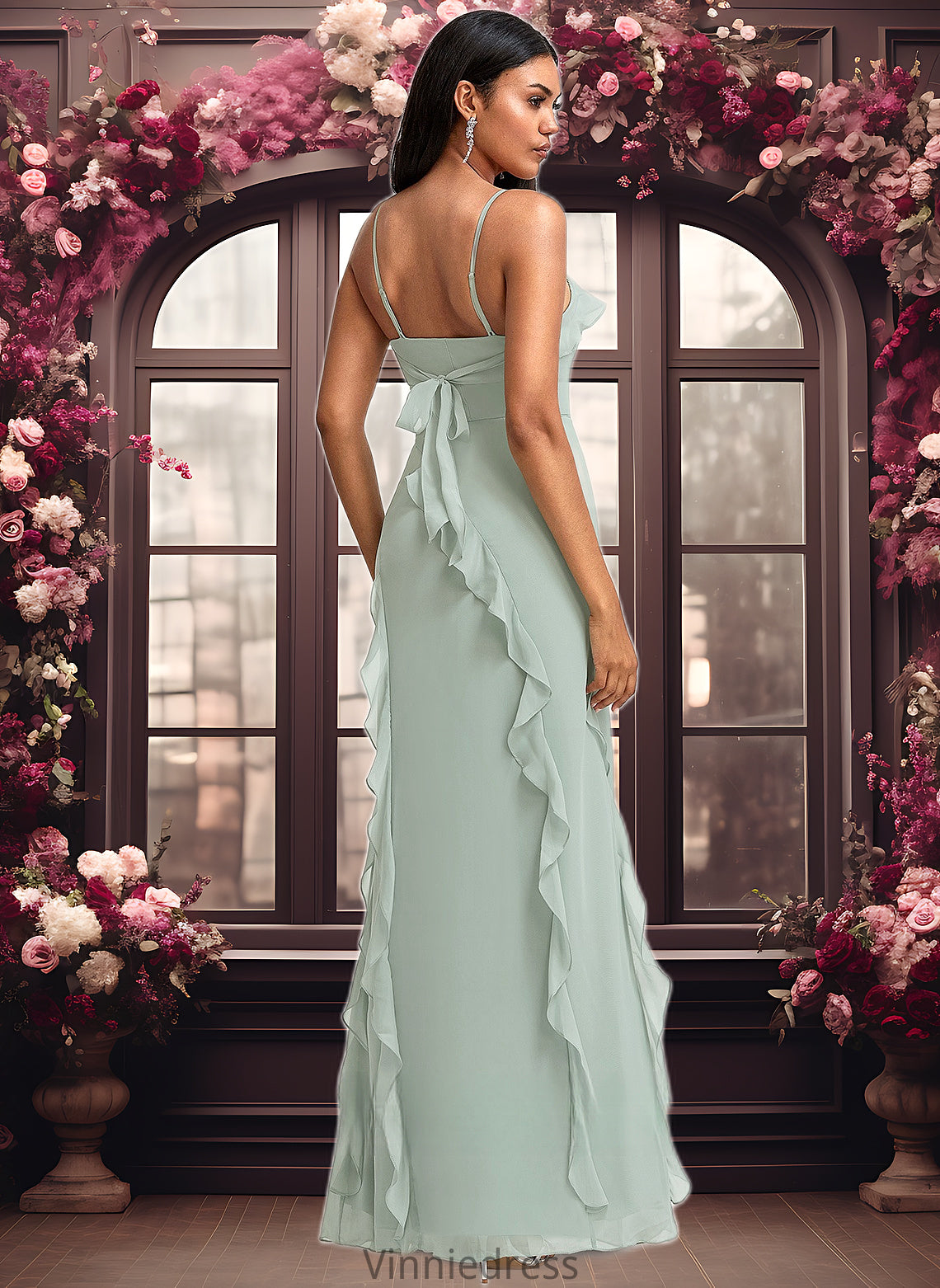 Sara A-line Square Floor-Length Chiffon Bridesmaid Dress With Ruffle PP6P0025735