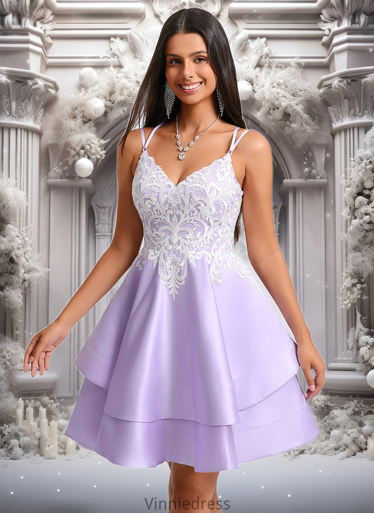 Angie A-line V-Neck Short Satin Homecoming Dress With Appliques Lace PP6P0025696