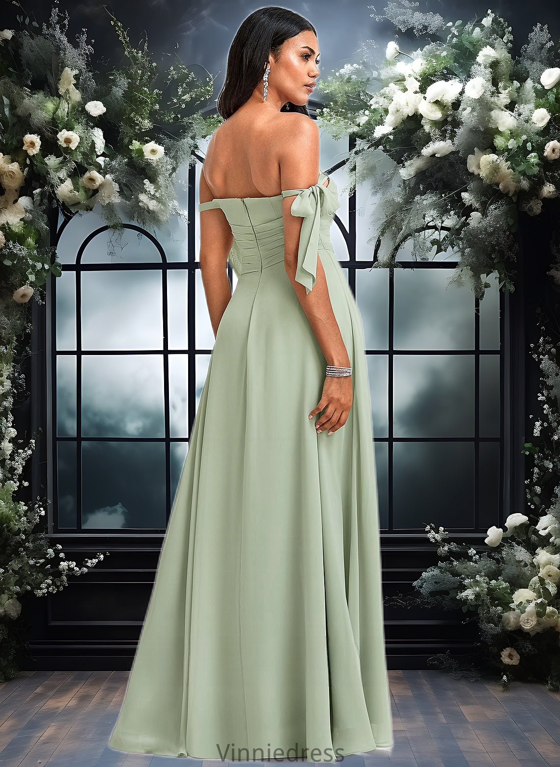 Danika A-line Cowl Floor-Length Chiffon Bridesmaid Dress With Bow PP6P0025738