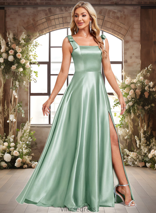 Yasmine A-line Square Floor-Length Stretch Satin Bridesmaid Dress With Bow PP6P0025788