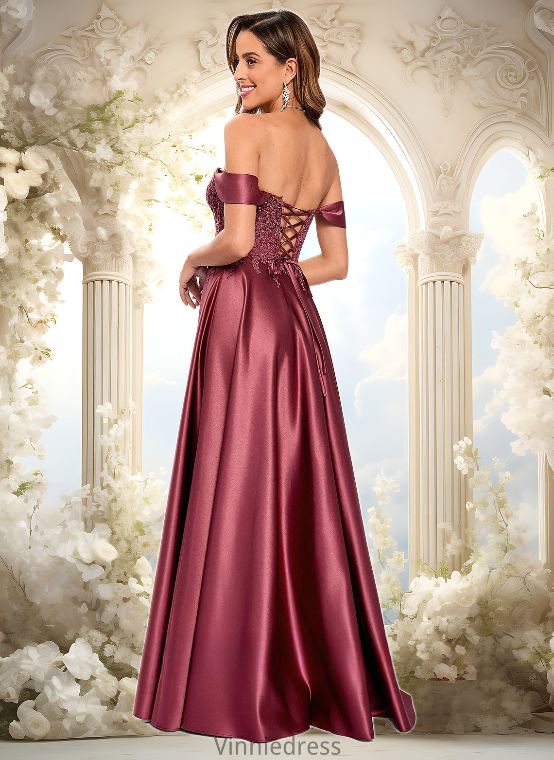 Daphne A-line Off the Shoulder Floor-Length Satin Lace Prom Dresses With Sequins PP6P0025841