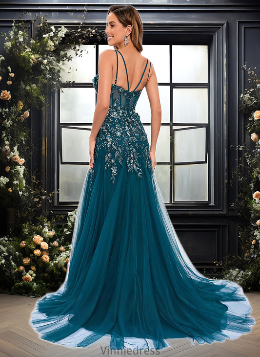 Elaine Trumpet/Mermaid V-Neck Sweep Train Tulle Prom Dresses With Sequins Appliques Lace PP6P0025853