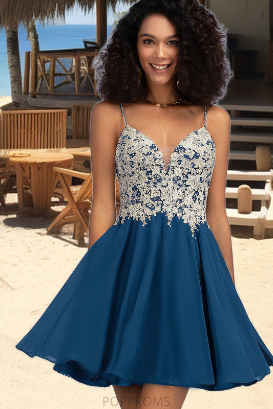 Scarlett A-line V-Neck Short/Mini Chiffon Lace Homecoming Dress With Beading PP6P0020572