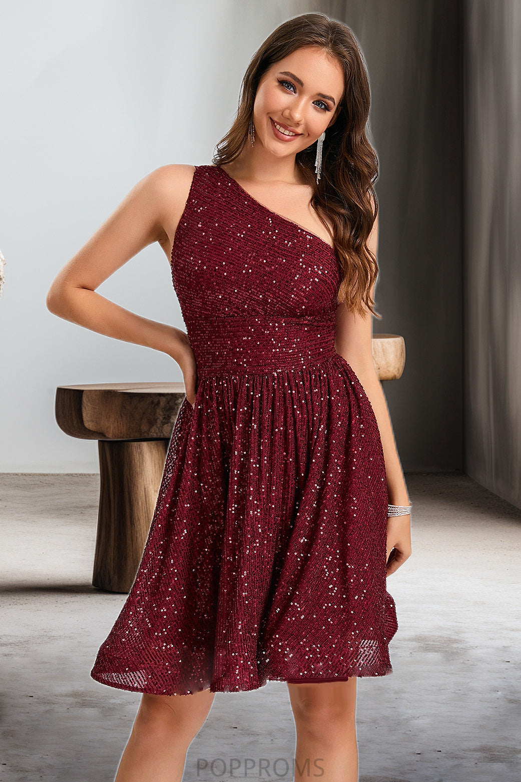 Mackenzie A-line One Shoulder Short/Mini Sequin Homecoming Dress With Sequins PP6P0020485