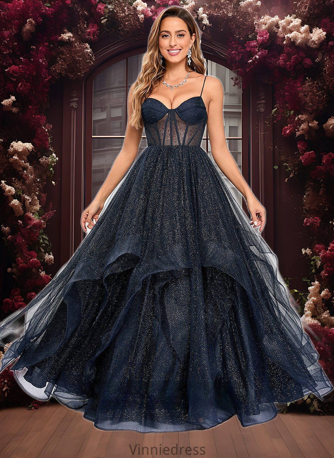 Monserrat Ball-Gown/Princess V-Neck Floor-Length Tulle Prom Dresses PP6P0025863