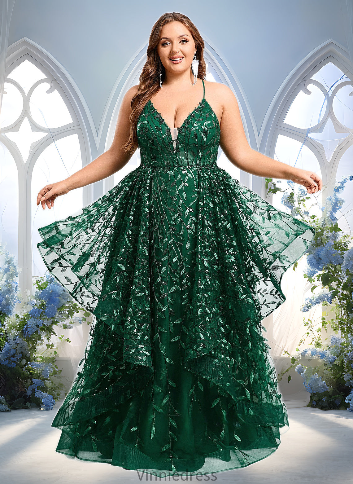 Trudie Ball-Gown/Princess V-Neck Floor-Length Lace Floral Prom Dresses With Sequins PP6P0025838