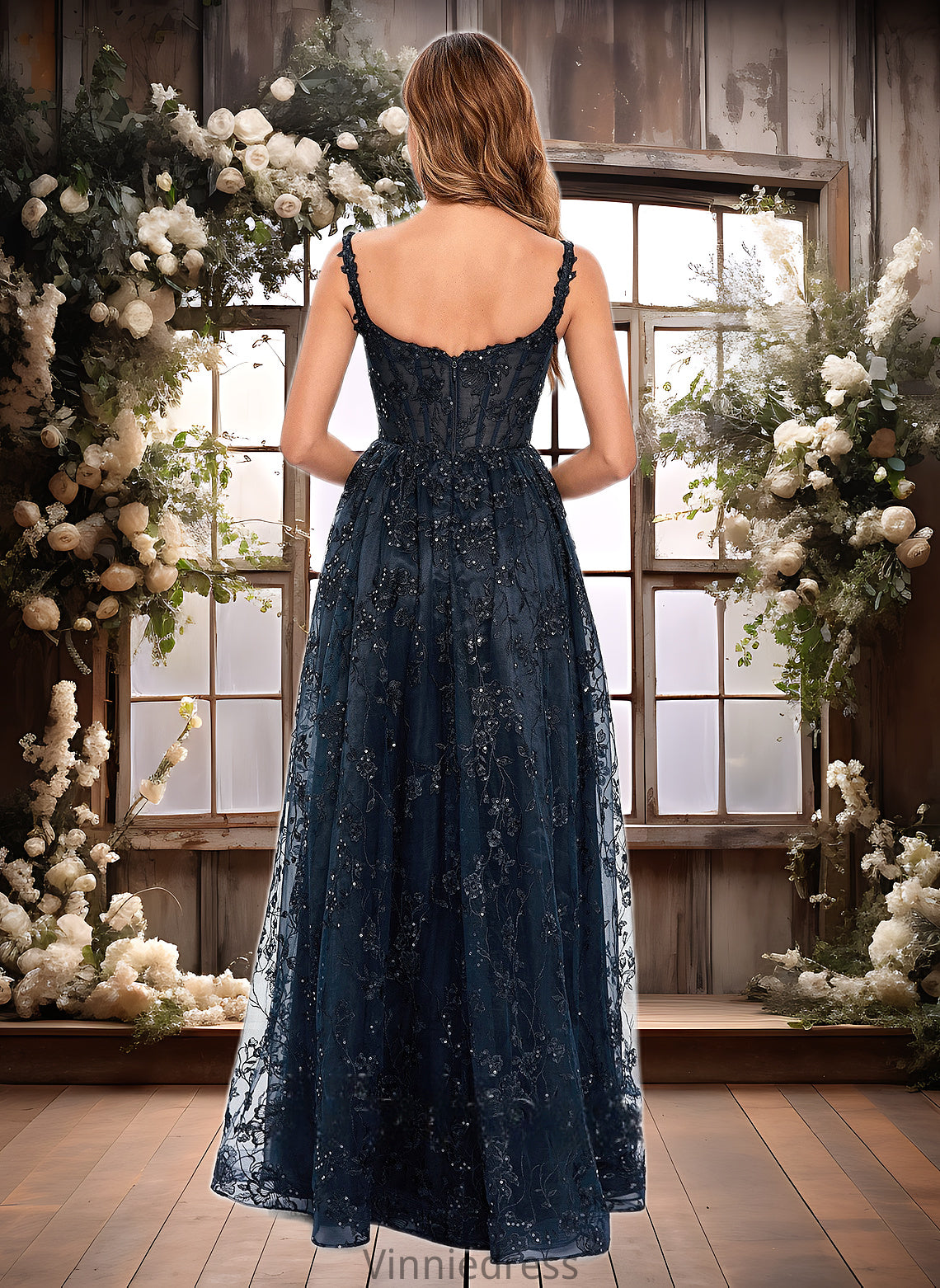 Tia A-line Square Floor-Length Organza Lace Floral Prom Dresses With Sequins PP6P0025844