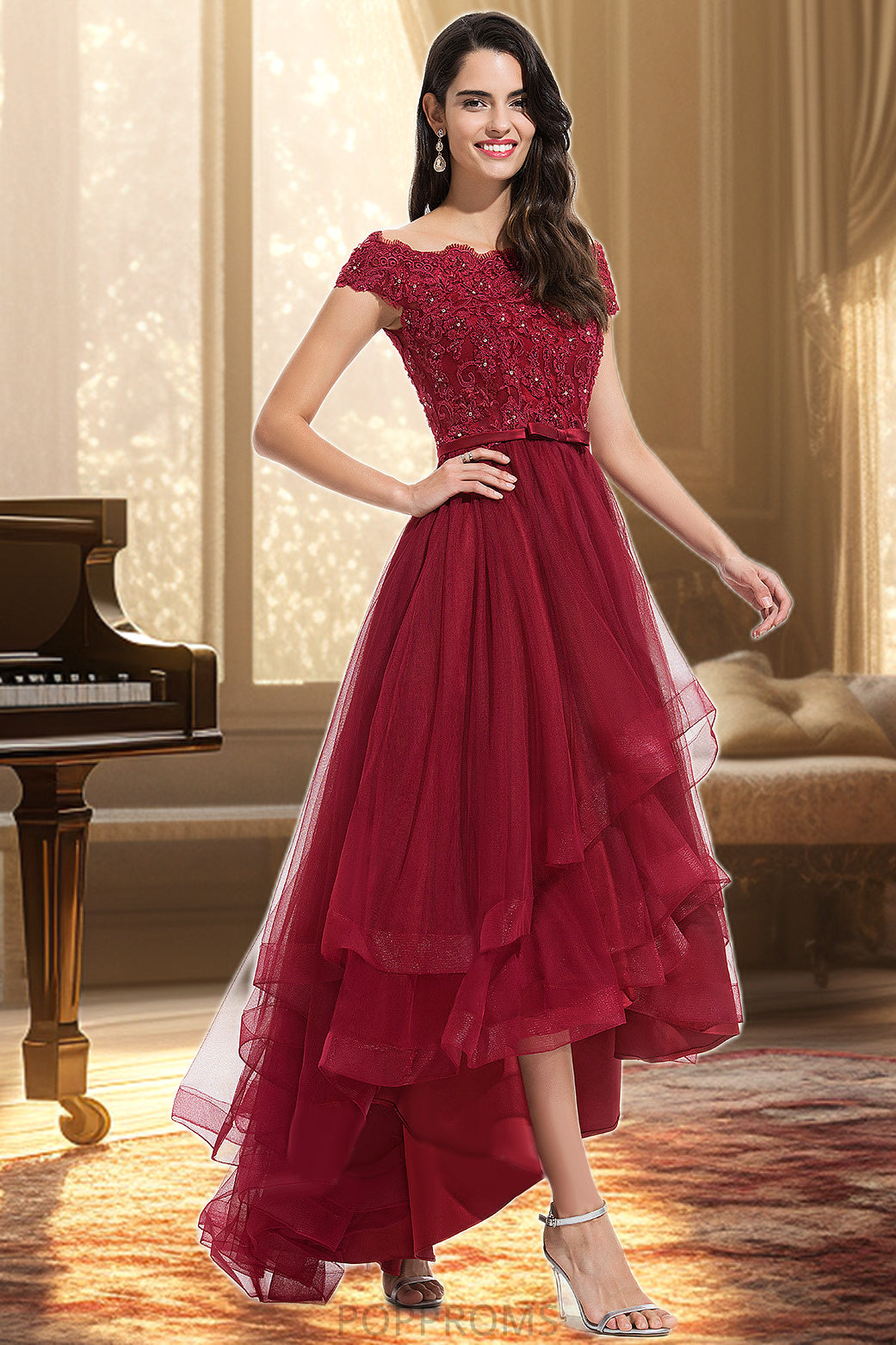 Jasmine A-line Off the Shoulder Asymmetrical Lace Tulle Homecoming Dress With Beading Bow Sequins PP6P0020535