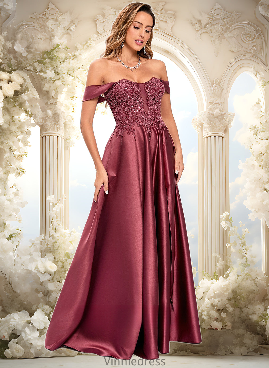 Daphne A-line Off the Shoulder Floor-Length Satin Lace Prom Dresses With Sequins PP6P0025841