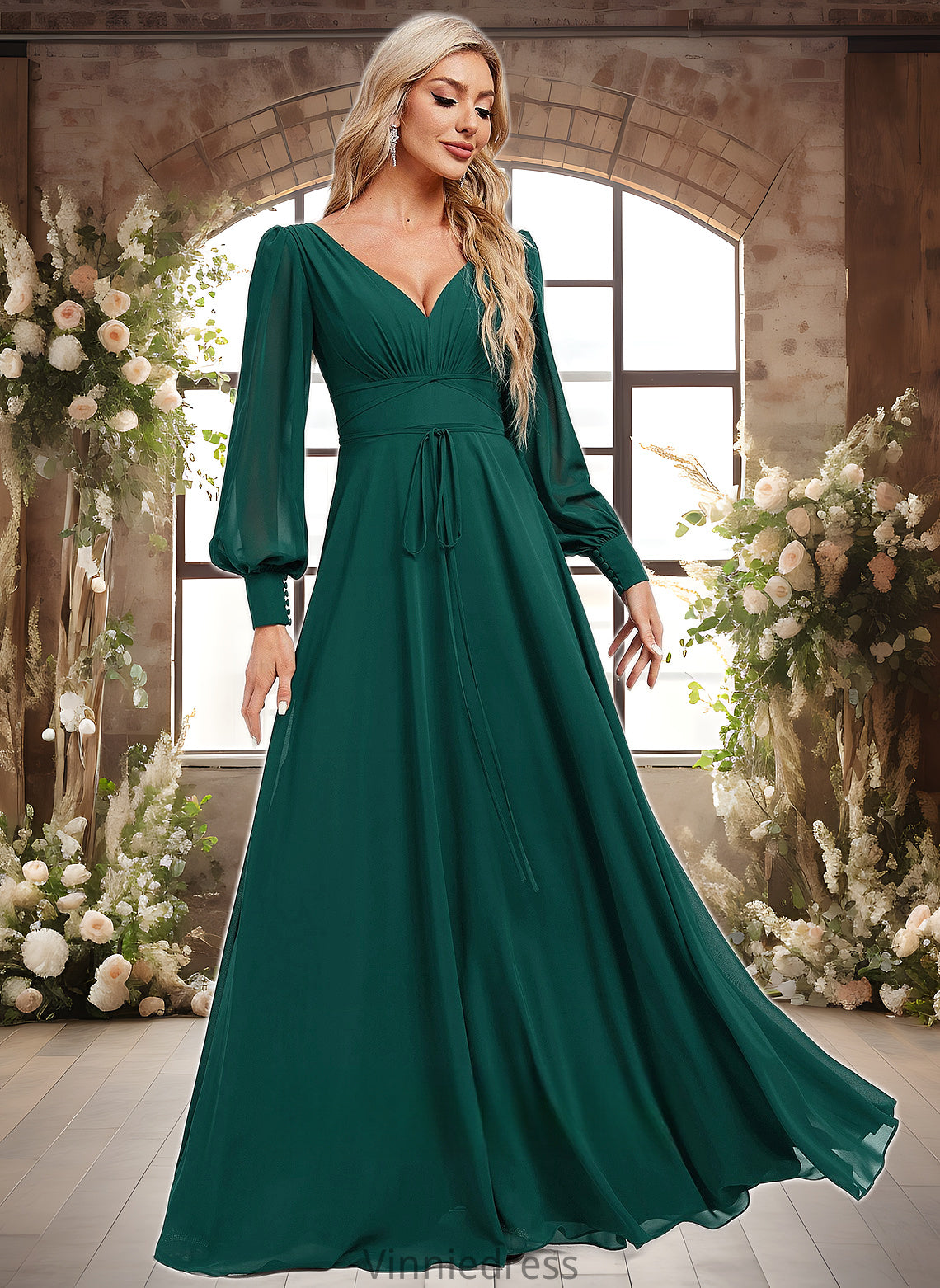 Araceli A-line V-Neck Floor-Length Chiffon Bridesmaid Dress PP6P0025816