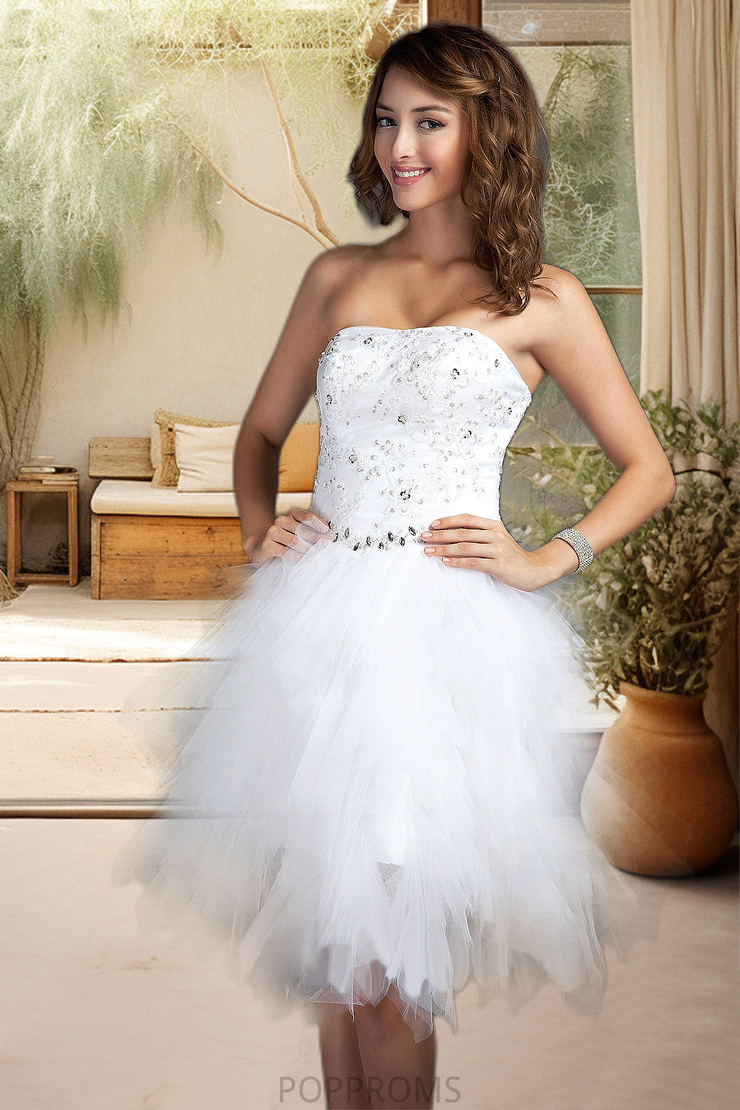 Shiloh A-line Sweetheart Knee-Length Satin Tulle Homecoming Dress With Beading Cascading Ruffles Appliques Lace Sequins PP6P0020598