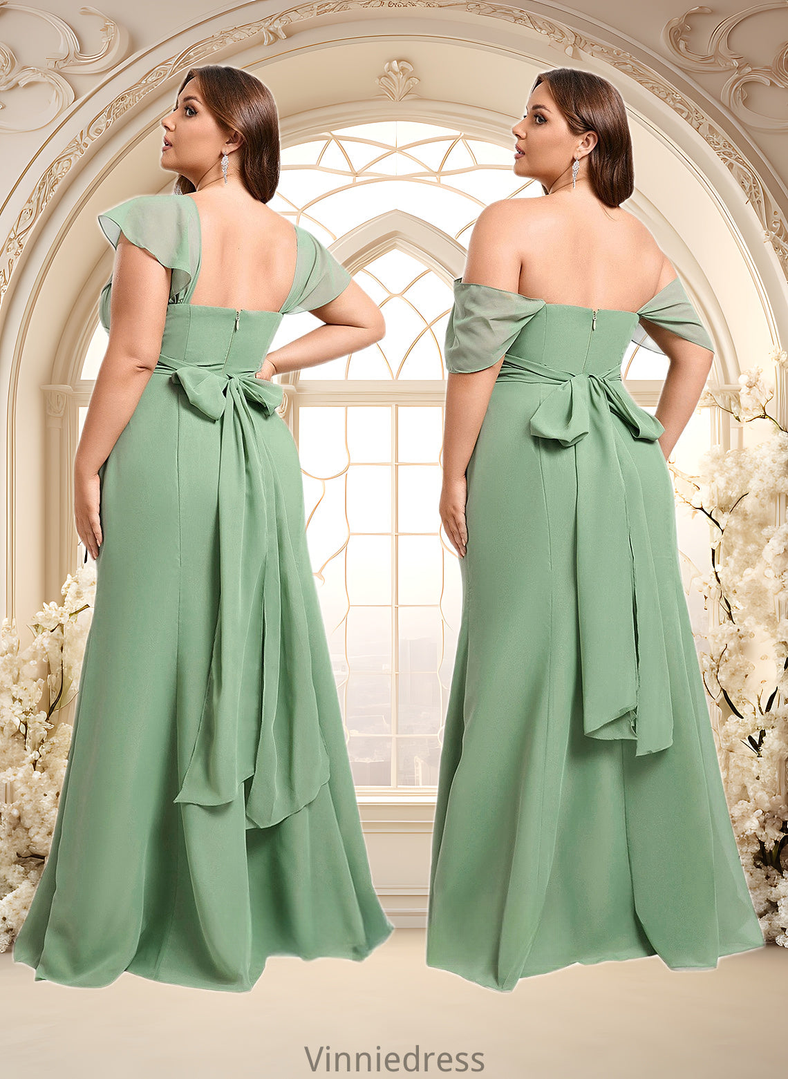 Roselyn Trumpet/Mermaid Off the Shoulder V-Neck Floor-Length Chiffon Bridesmaid Dress PP6P0025810