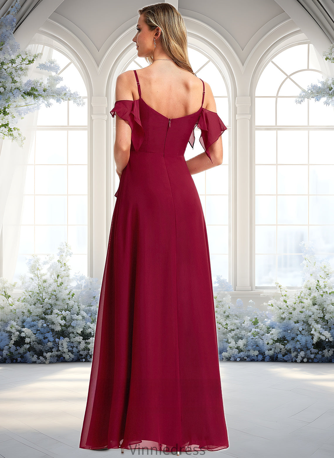 Karli A-line Cold Shoulder Floor-Length Chiffon Bridesmaid Dress With Ruffle PP6P0025755