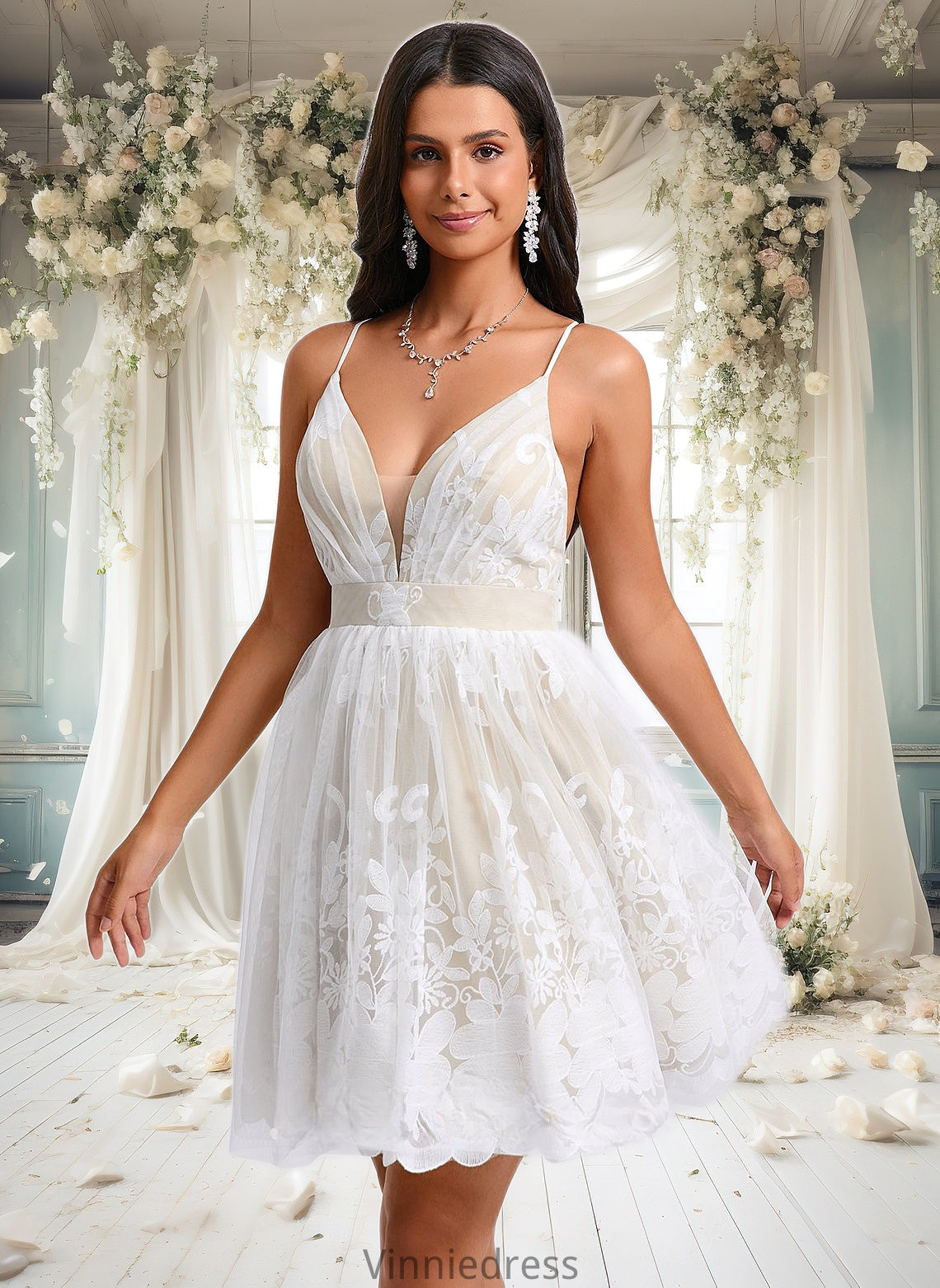 Shea Ball-Gown/Princess V-Neck Short Tulle Lace Homecoming Dress With Pleated PP6P0025711