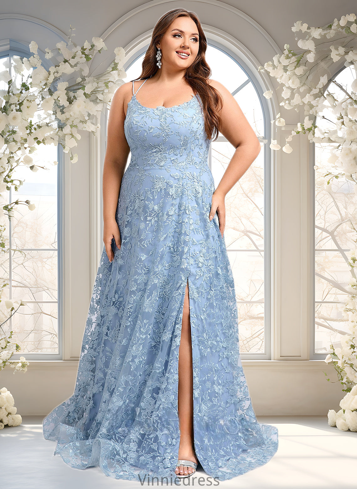 Melanie A-line Scoop Floor-Length Lace Floral Prom Dresses PP6P0025847