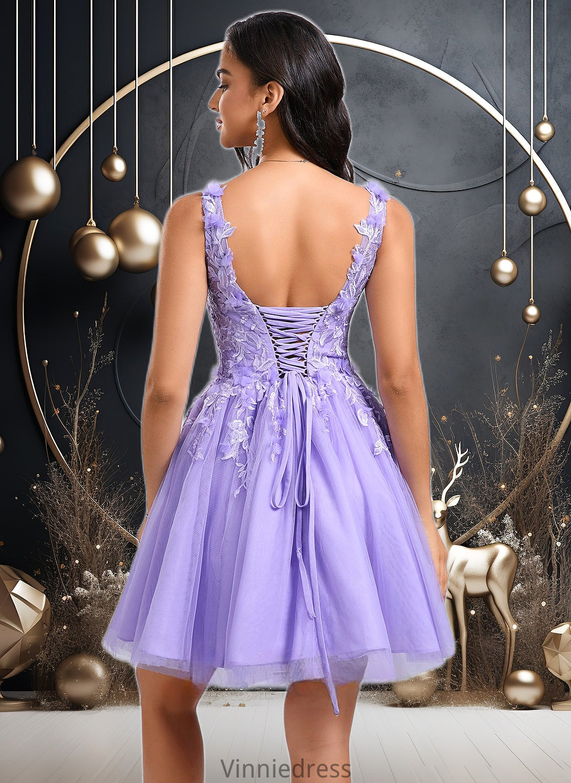 Kallie Ball-Gown/Princess V-Neck Short Lace Tulle Homecoming Dress With Flower PP6P0025656