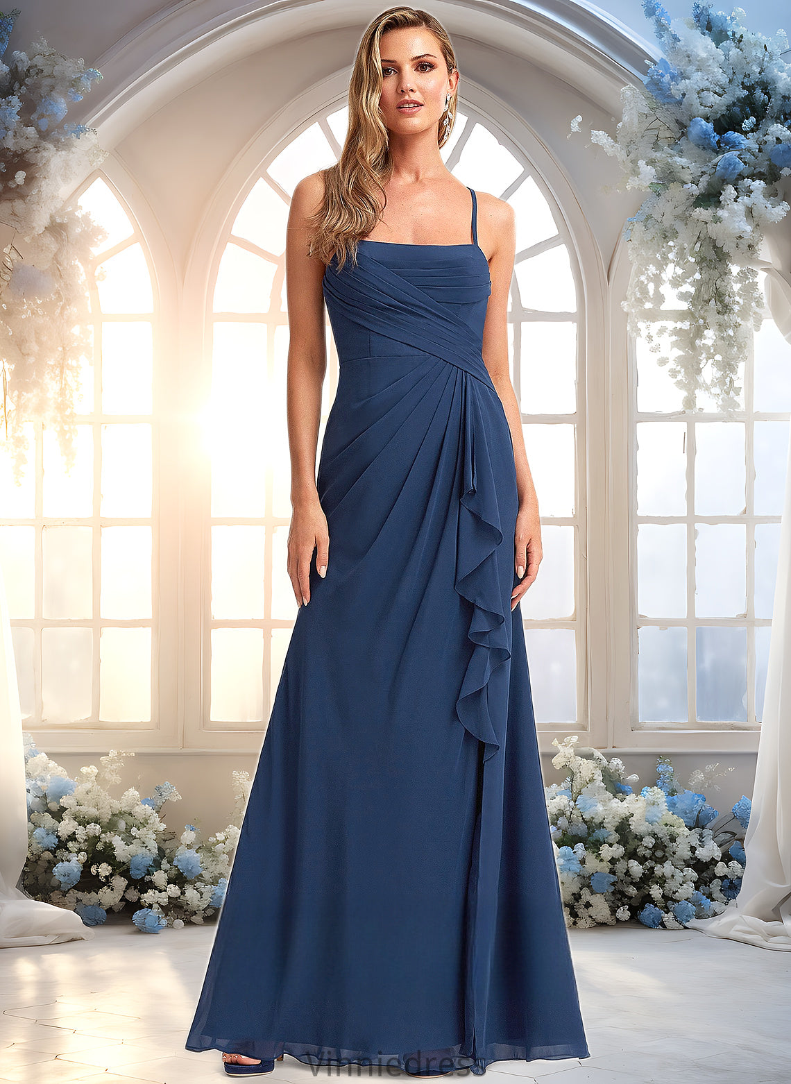 Luna A-line Square Floor-Length Chiffon Bridesmaid Dress With Ruffle PP6P0025732