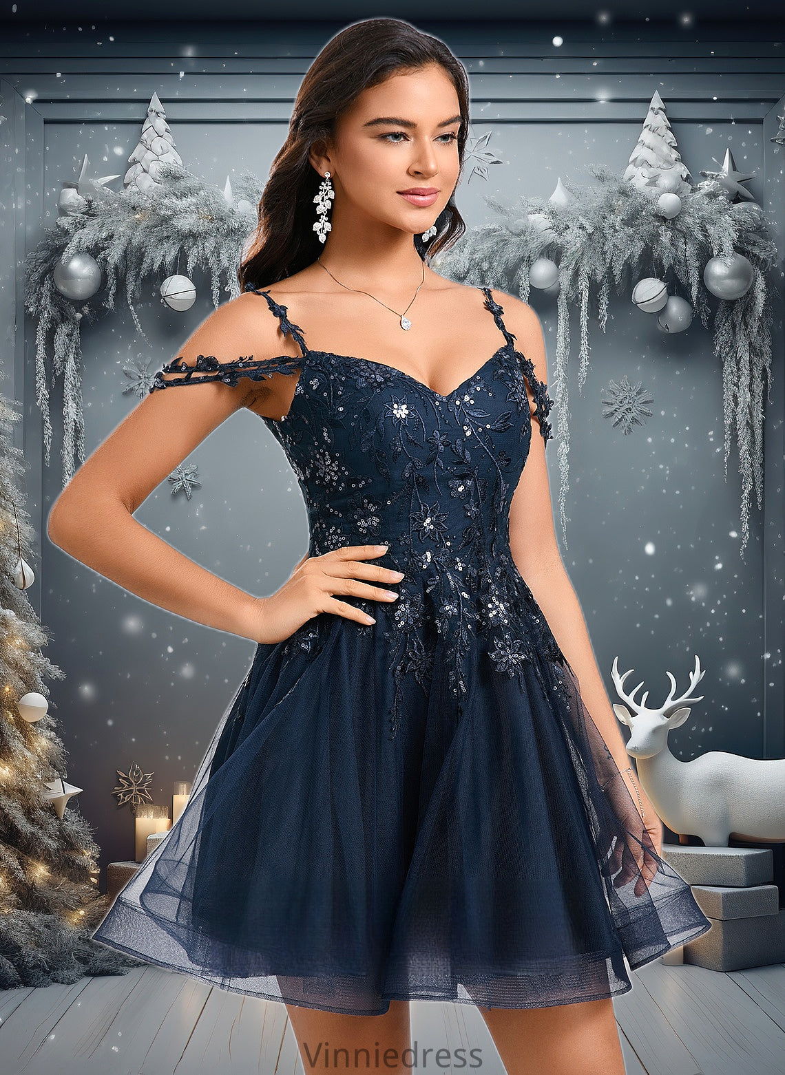 Makenna A-line V-Neck Short Tulle Lace Homecoming Dress With Sequins PP6P0025642