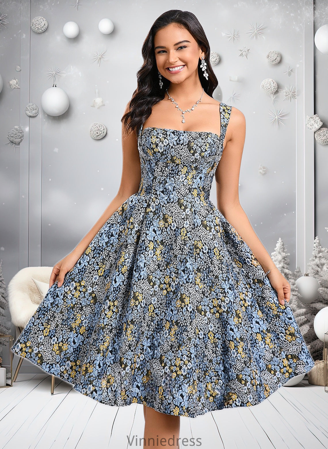 Jess A-line Square Knee-Length Jacquard Homecoming Dress With Bow PP6P0025687