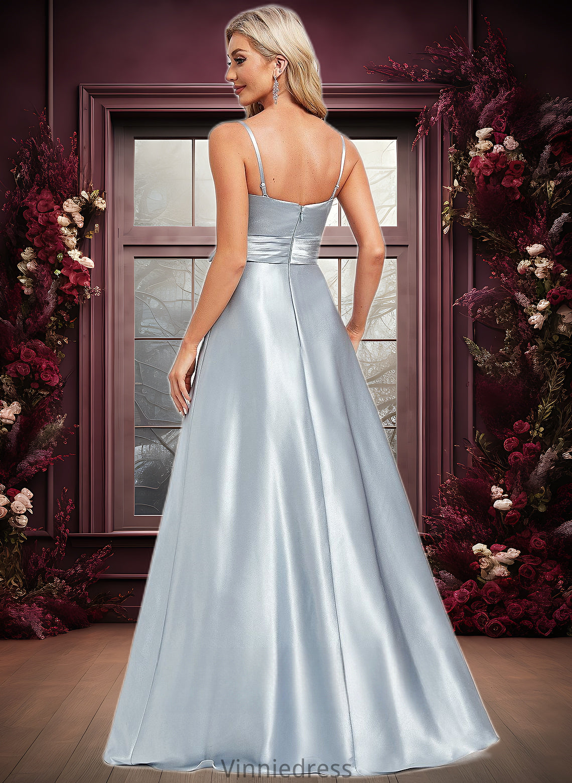 Stephanie A-line V-Neck Floor-Length Stretch Satin Bridesmaid Dress PP6P0025795