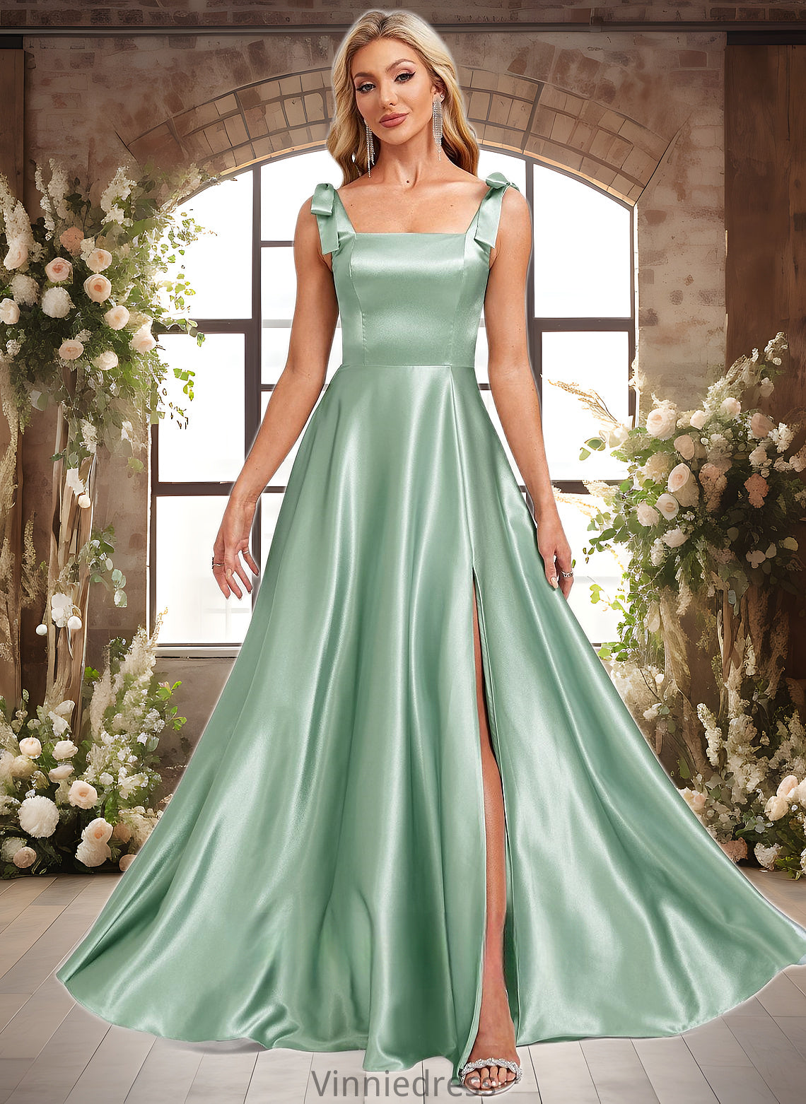 Yasmine A-line Square Floor-Length Stretch Satin Bridesmaid Dress With Bow PP6P0025788