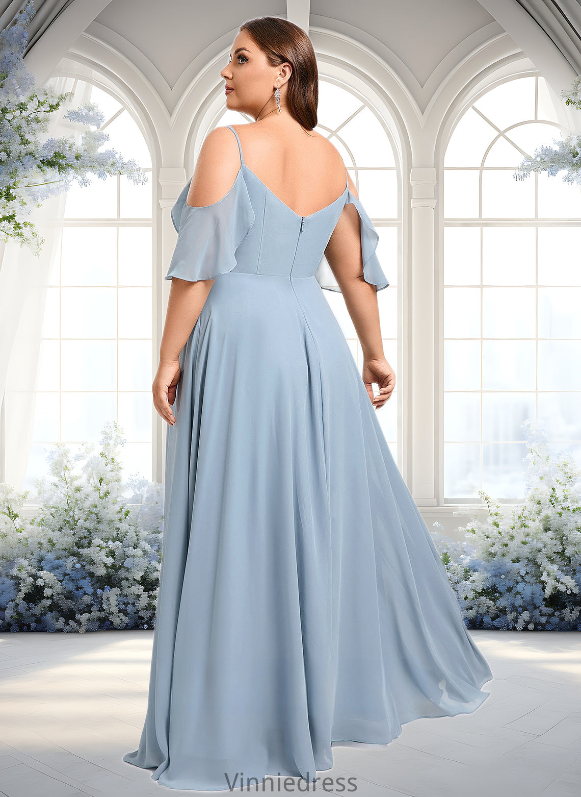 Dalia A-line Cold Shoulder Floor-Length Chiffon Bridesmaid Dress With Ruffle PP6P0025797