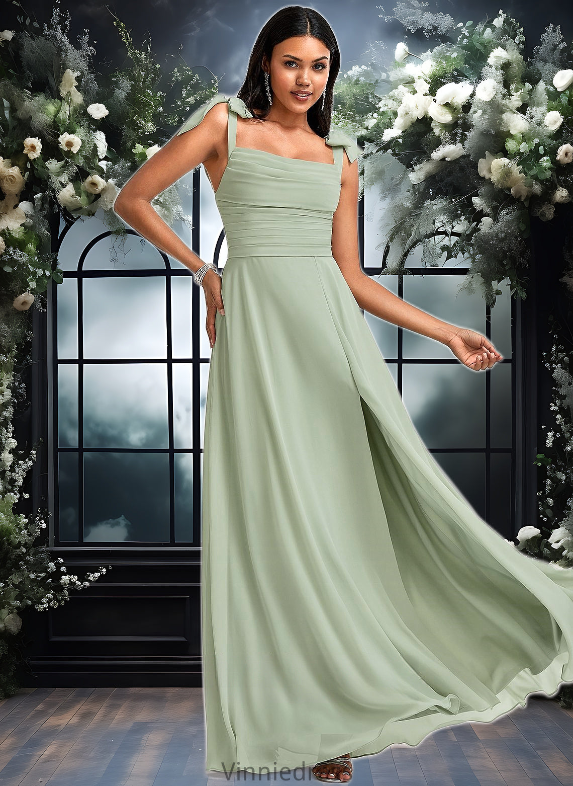 Danika A-line Cowl Floor-Length Chiffon Bridesmaid Dress With Bow PP6P0025738