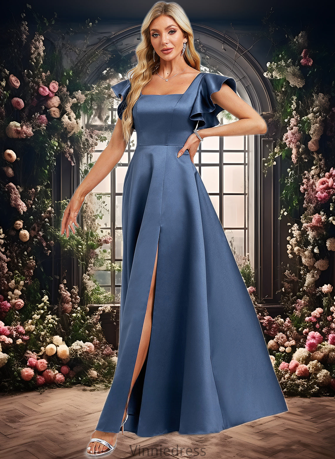 Nora A-line Square Floor-Length Satin Bridesmaid Dress With Ruffle PP6P0025774