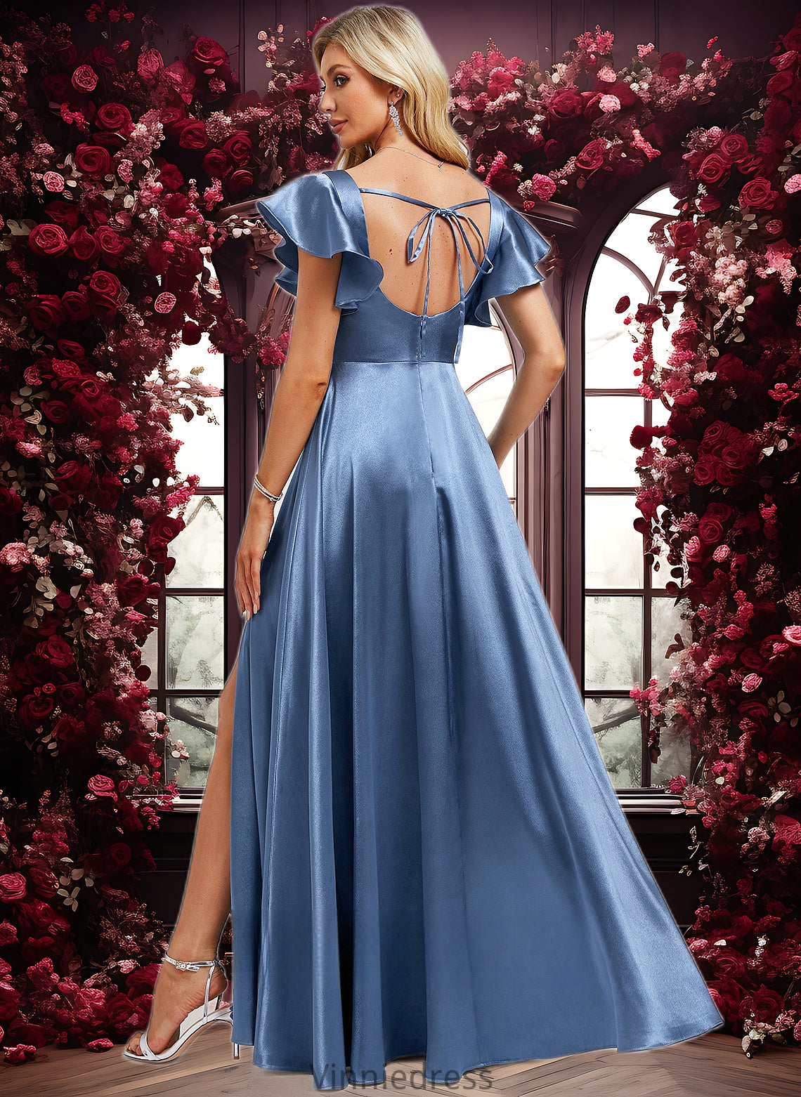 Jaliyah A-line Square Floor-Length Stretch Satin Bridesmaid Dress With Ruffle PP6P0025769