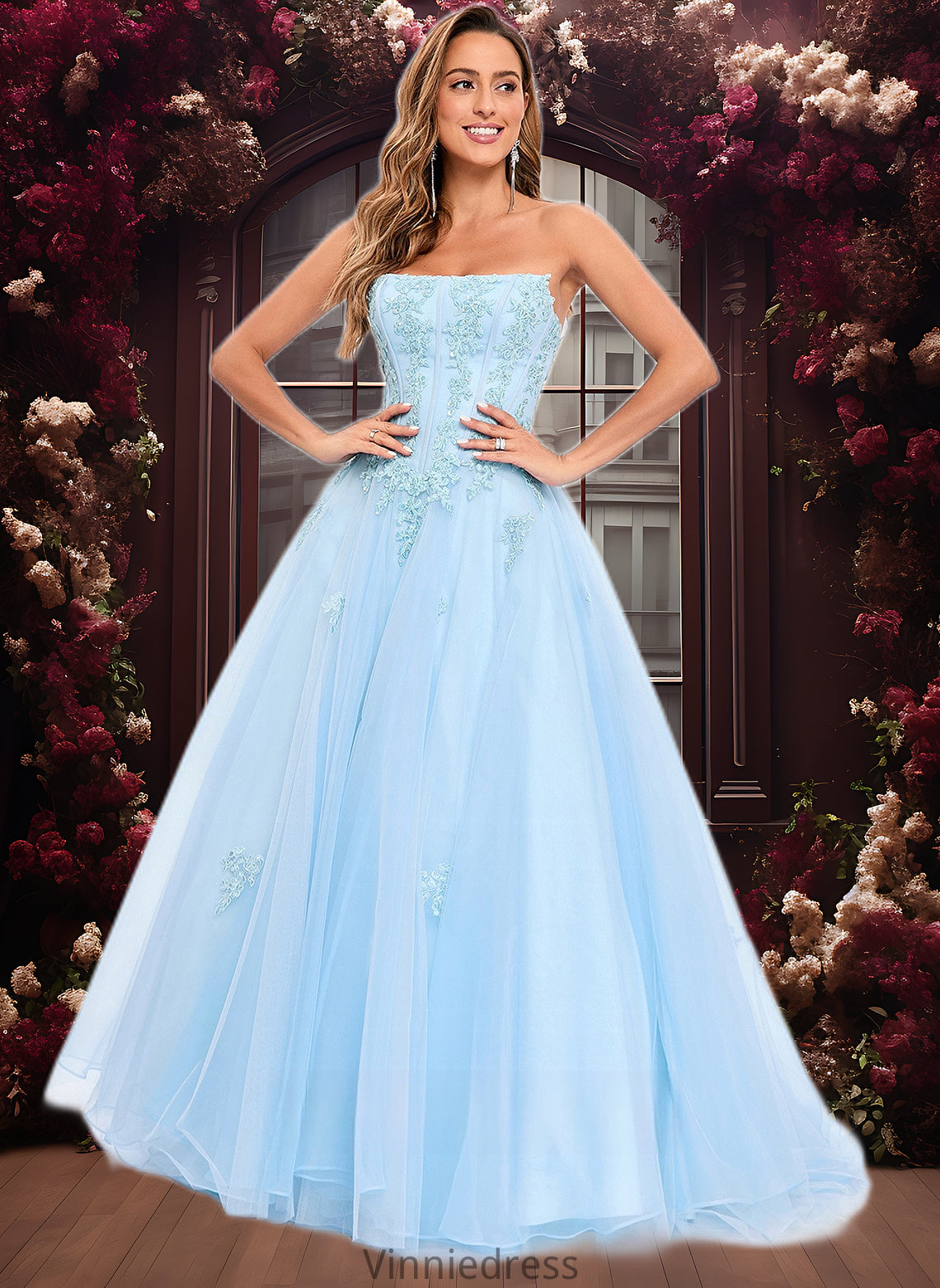 Logan Ball-Gown/Princess Straight Sweep Train Tulle Prom Dresses With Sequins Appliques Lace PP6P0025864