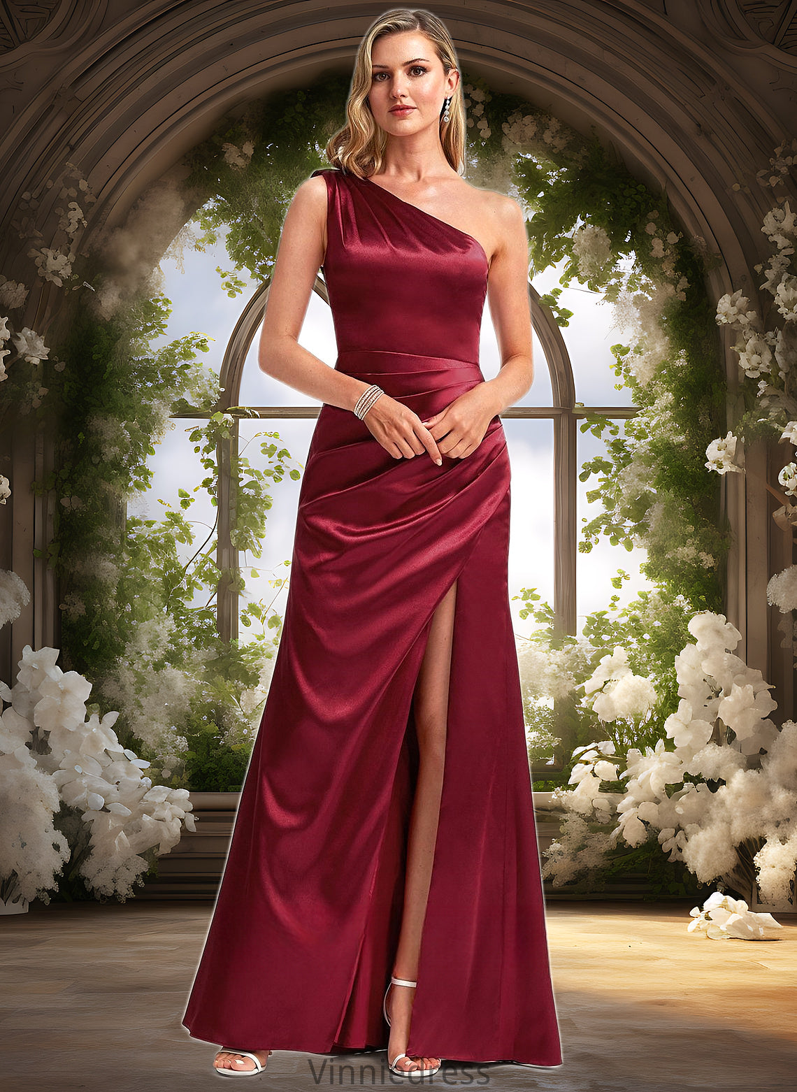 Braelyn A-line One Shoulder Floor-Length Stretch Satin Bridesmaid Dress With Bow PP6P0025758