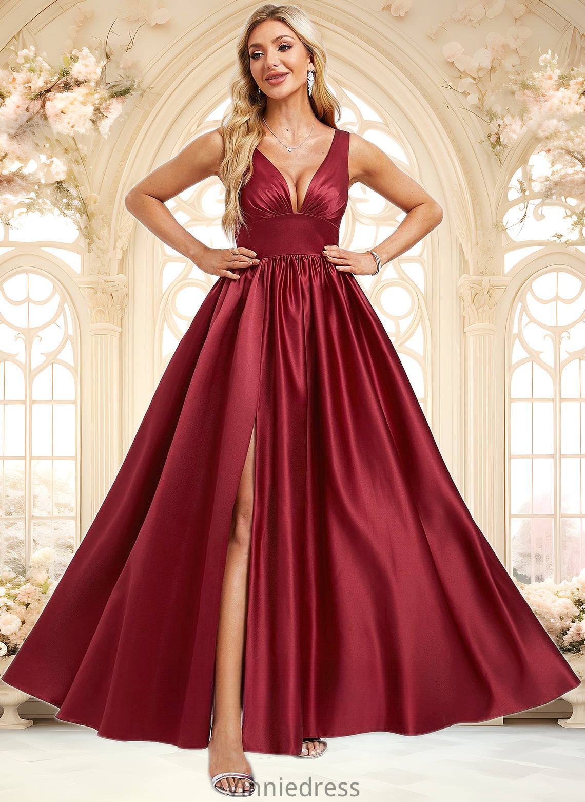 Violet A-line V-Neck Floor-Length Satin Bridesmaid Dress PP6P0025775