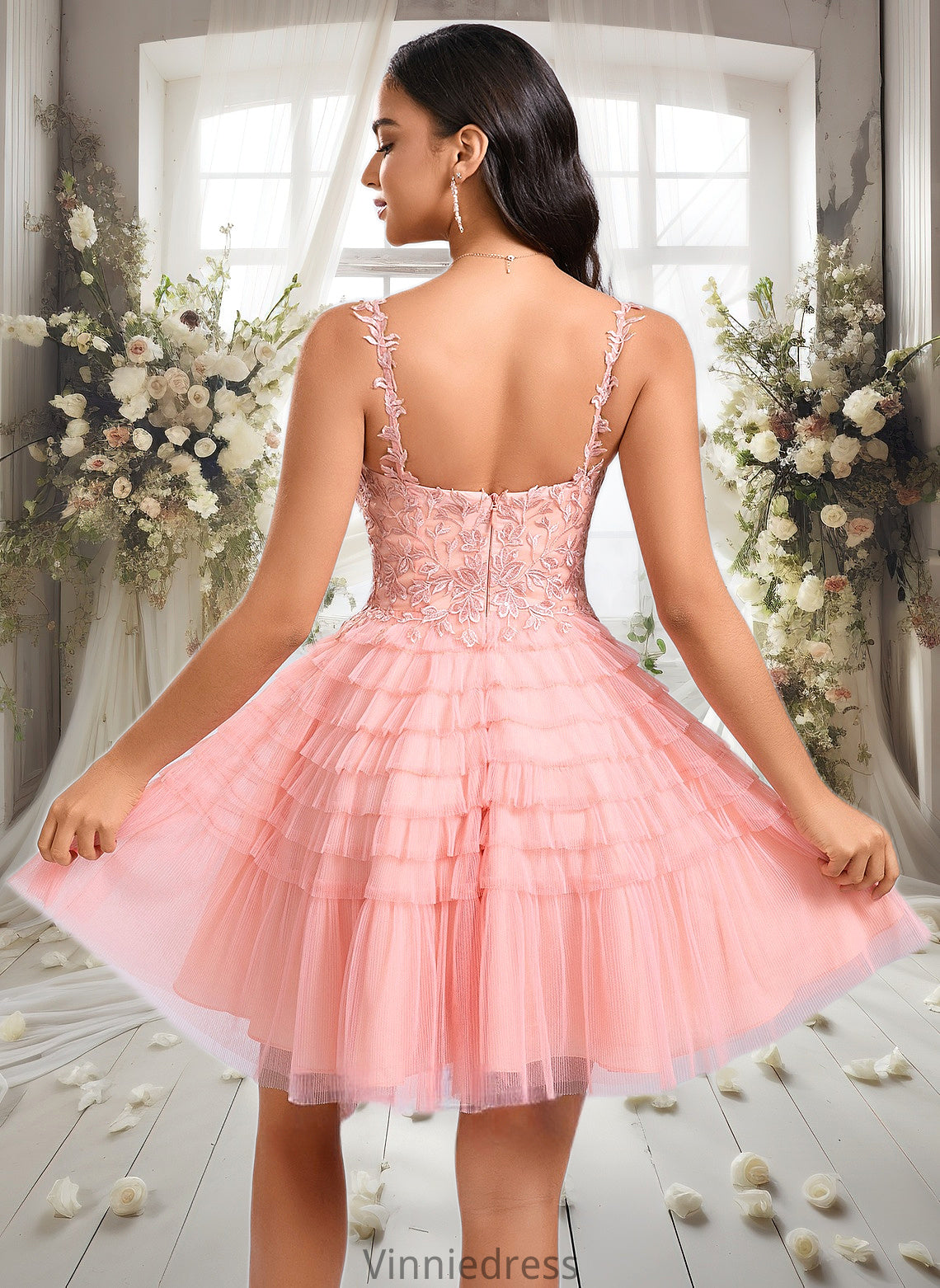 Elva Ball-Gown/Princess Scoop Short Tulle Lace Homecoming Dress With Ruffle PP6P0025676