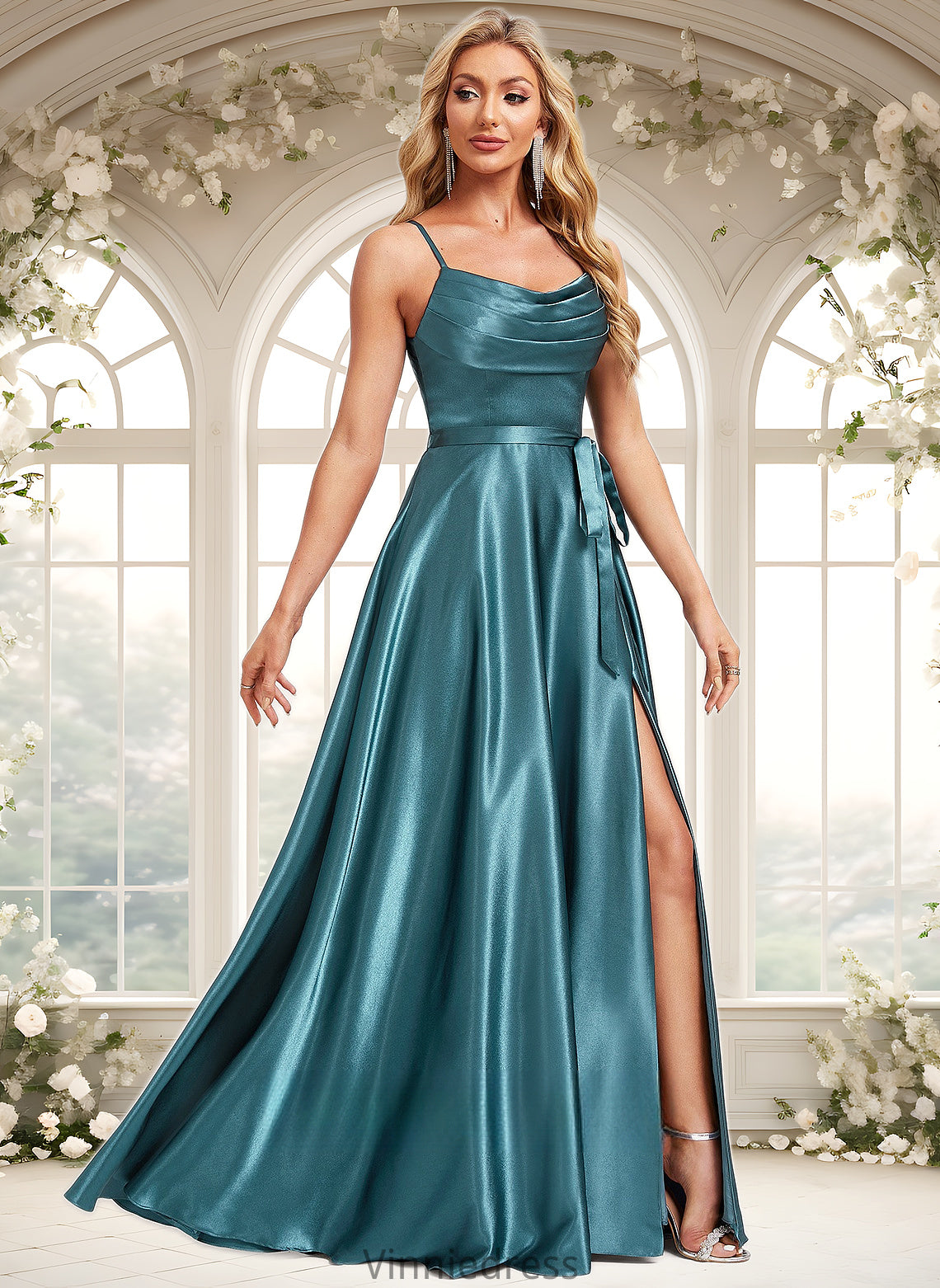 Jan A-line Cowl Floor-Length Stretch Satin Bridesmaid Dress With Ruffle PP6P0025781