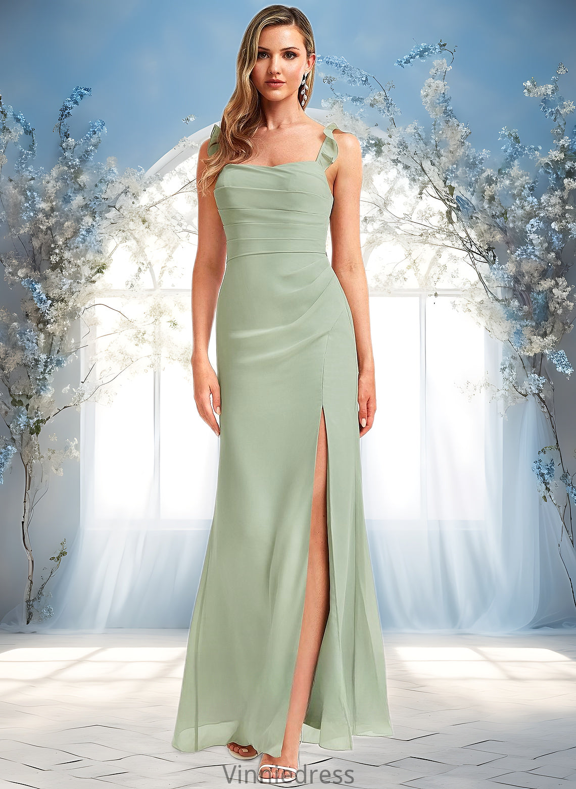 Susie A-line Square Floor-Length Chiffon Bridesmaid Dress With Ruffle PP6P0025739